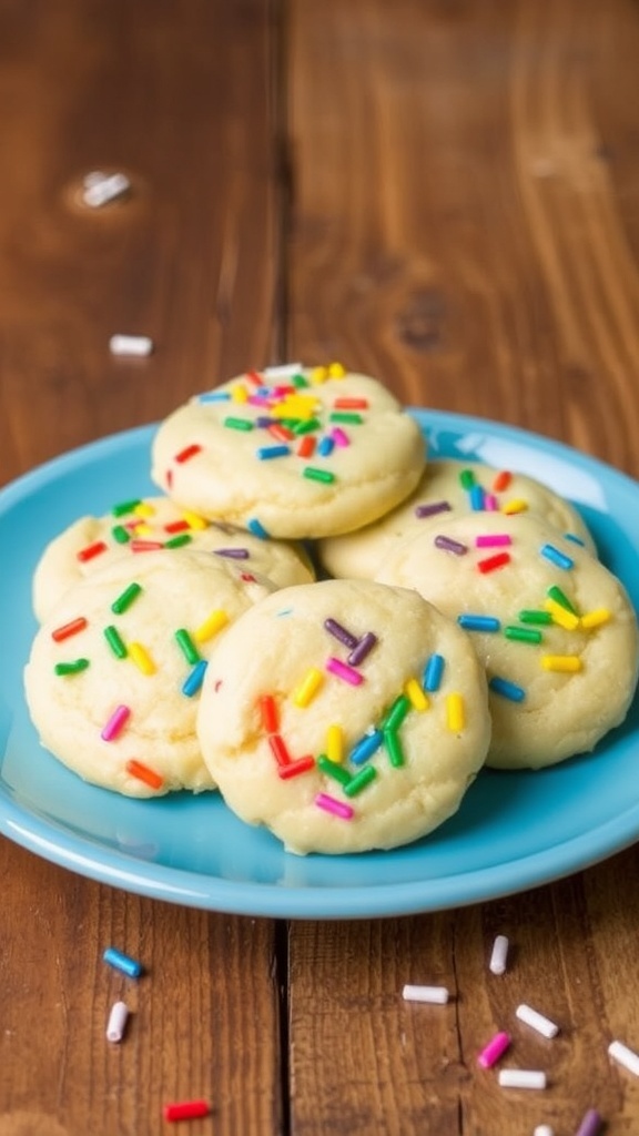 A plate of rainbow sprinkle sugar cookies with vibrant sprinkles on a rustic table.